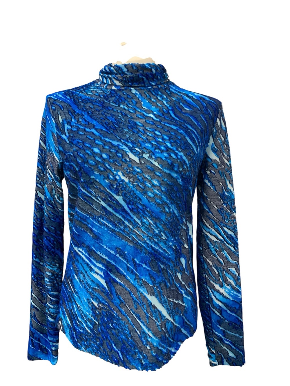 Women's Blue Patterned Long-Sleeve Mock Neck Top